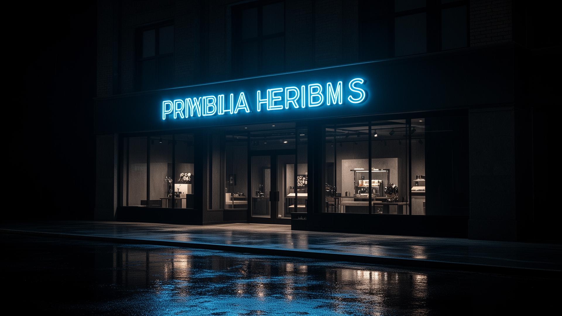 Illuminated storefront signage at night